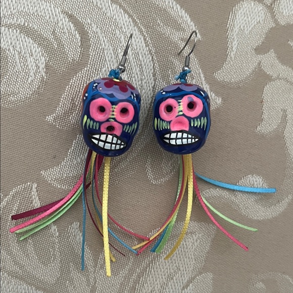Jewelry - Hand Painted in Los Cabos Colorful Day of the Dead Skull Earrings with Tassels